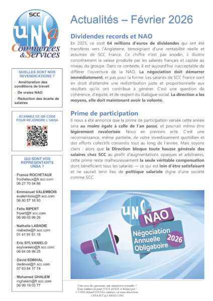 UNSA SCC - Actualités Février 2026