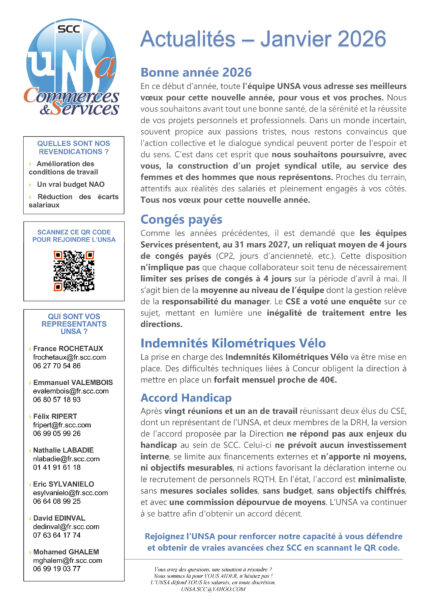 UNSA SCC - Actualités Janvier 2026